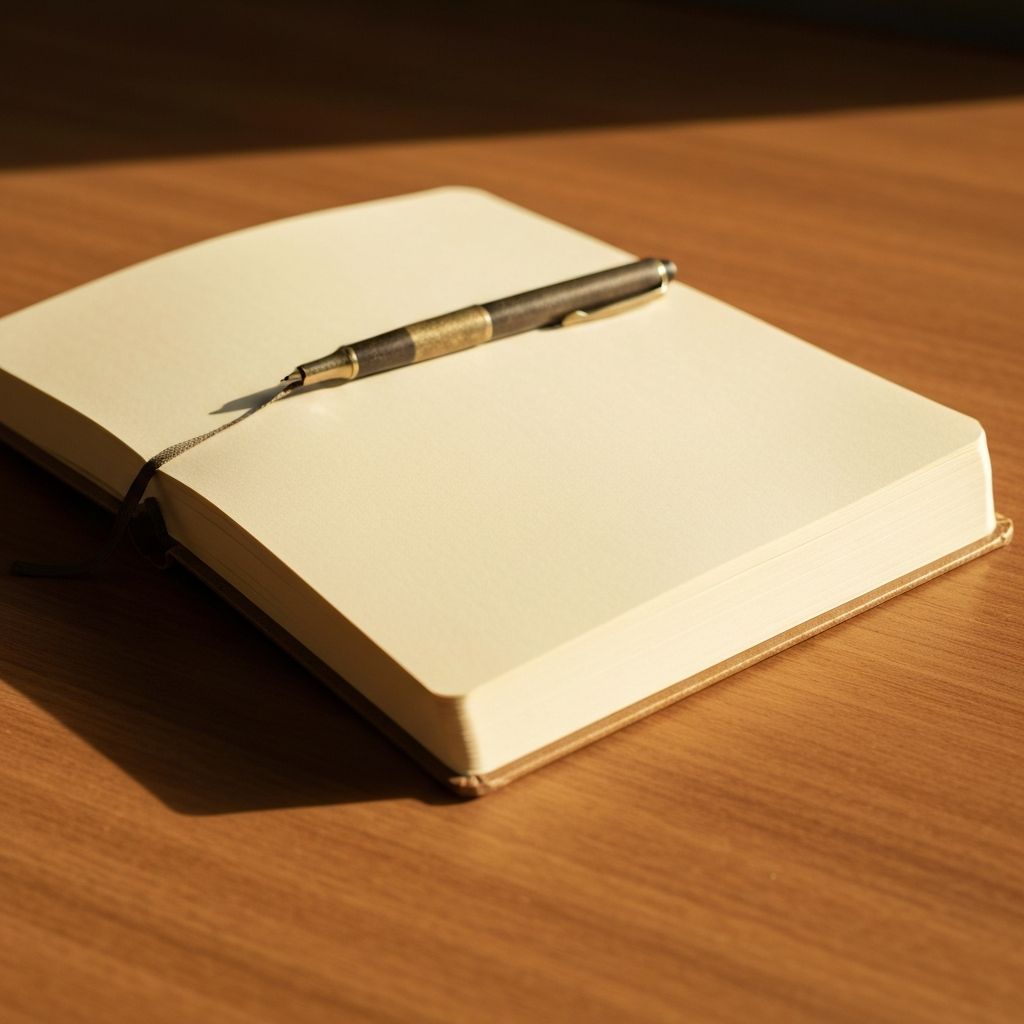 Open journal and pen on wooden desk